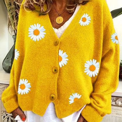 Daisy Pattern Embroidered Knitted Cardigan, Button Front Elegant Long Sleeve Sweater For Spring & Fall, Women's Clothing