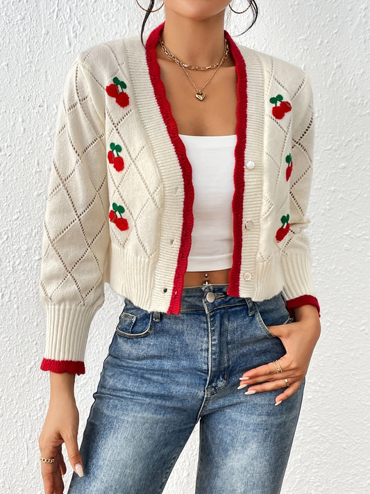 Sixsr Cherry Pattern Button Down Pointelle Knit Cardigan, Casual Long Sleeve Crop Sweater, Women's Clothing