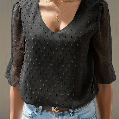 Sixsr V-neck Loose Chiffon Shirt, Casual 3/4 Long Sleeve Fashion Blouses Tops, Women's Clothing