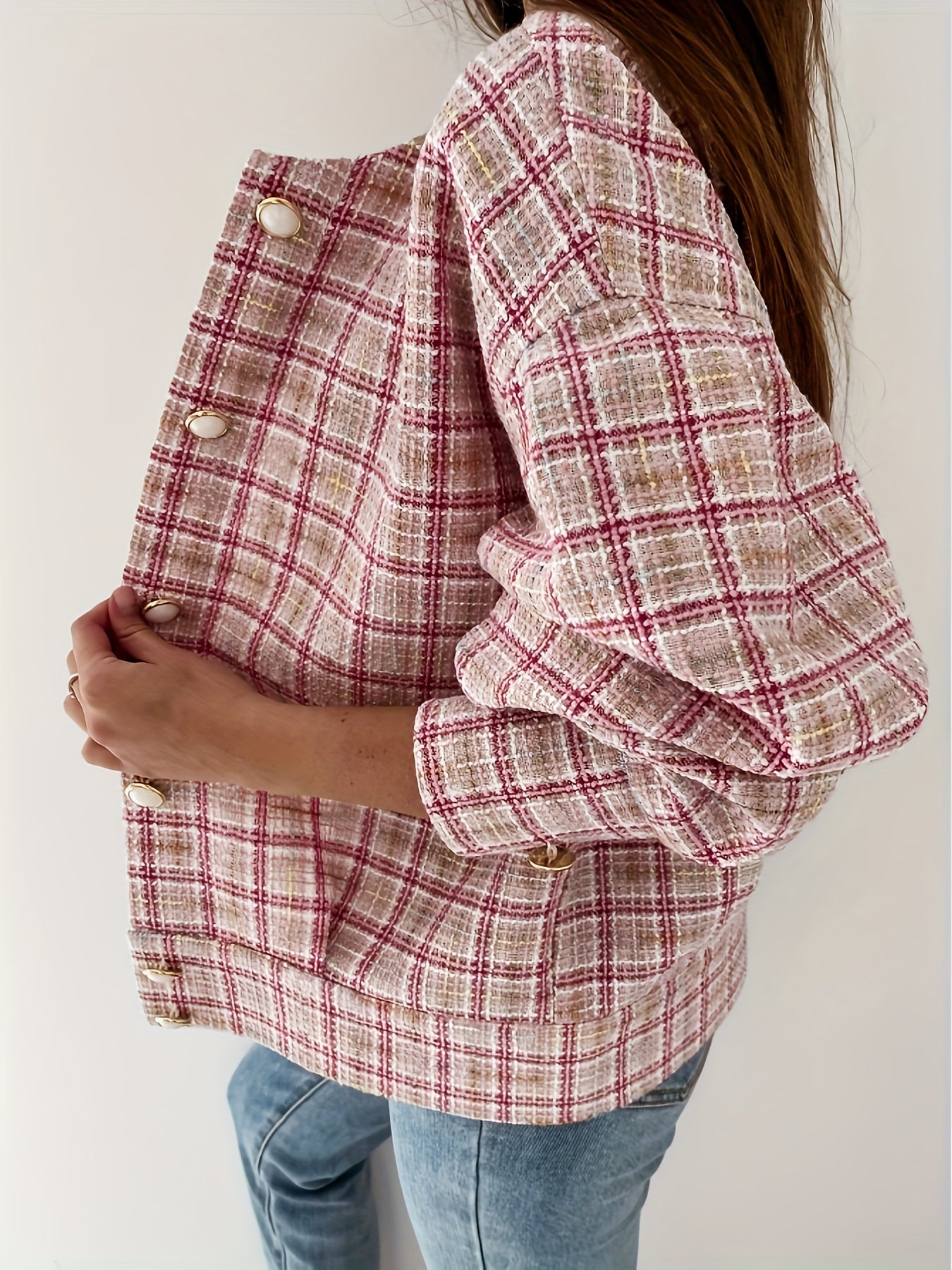 Sixsr Plaid Print Simple Jacket, Casual Button Front Long Sleeve Outerwear, Women's Clothing