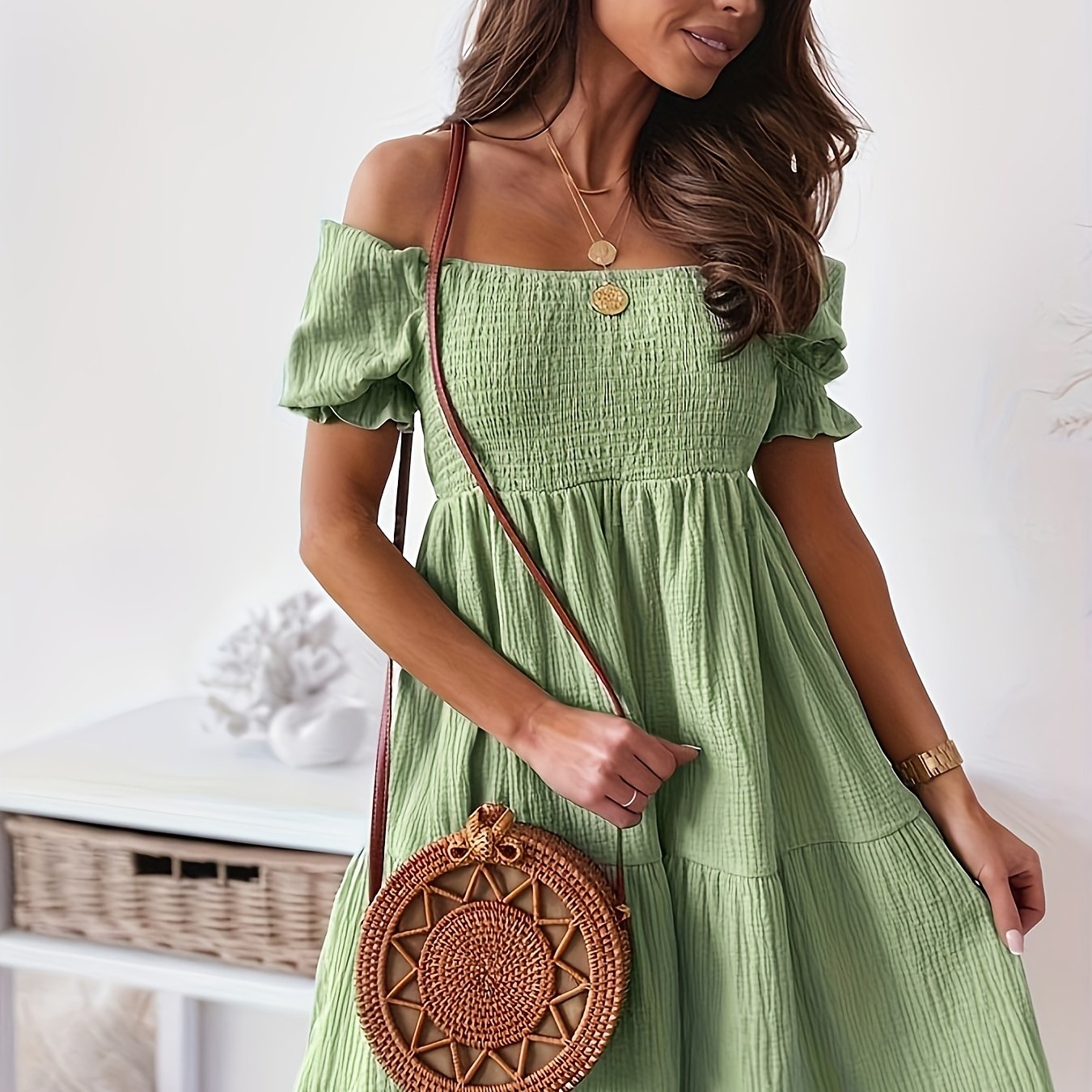 Off Shoulder Smocked Dress, Loose Vacation Casual Dress For Summer & Spring, Women's Clothing