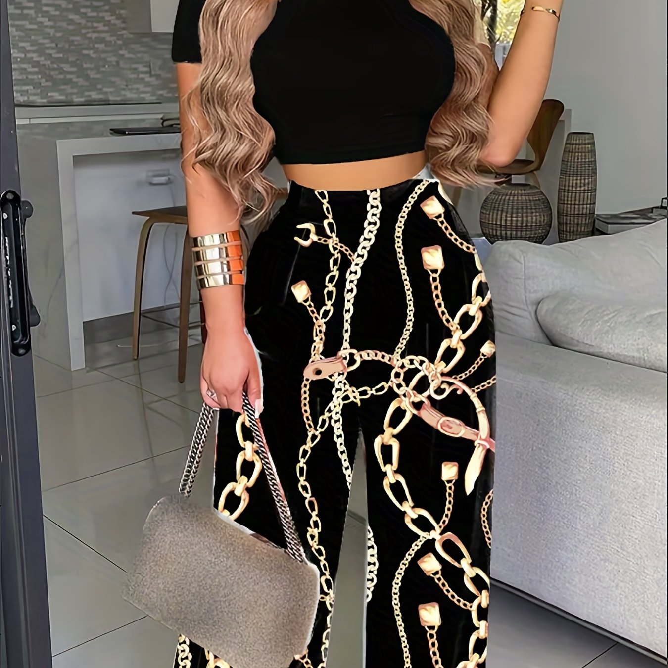 Boho Summer Two Pieces Set, Cropped Solid Short Sleeve T-shirt & High Waist Floral Print Wide Leg Pants Outfits, Women's Clothing