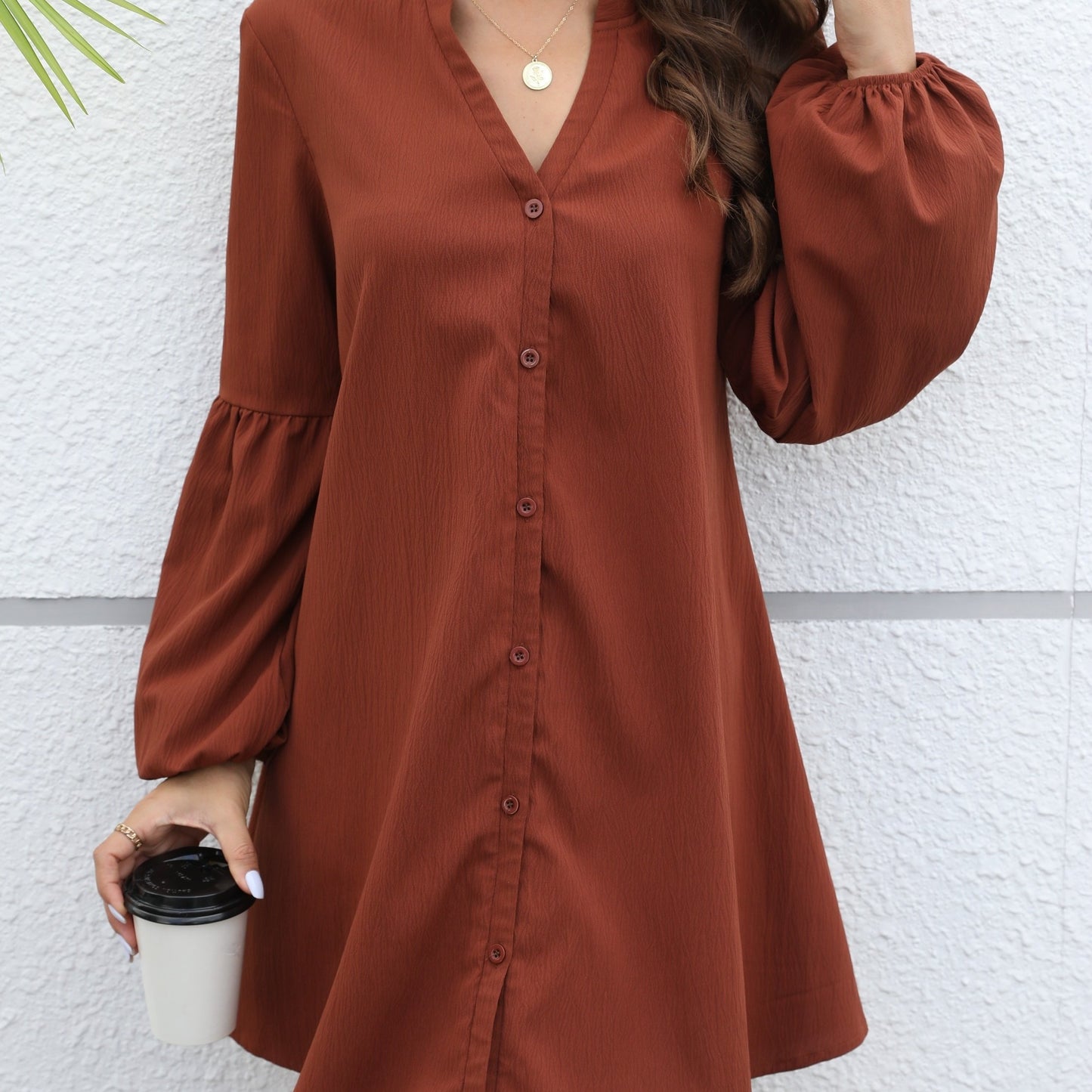 Sixsr Lantern Sleeveless Shirt Dress, Casual V Neck Button Front Dress, Women's Clothing