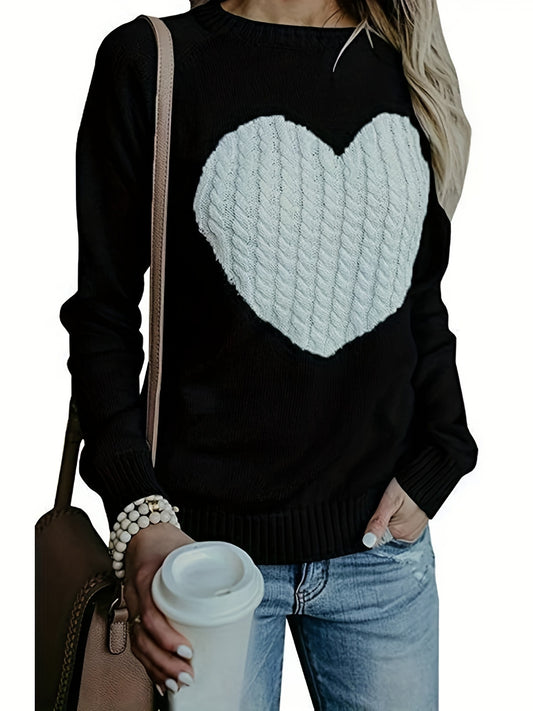 Sixsr Heart Graphic Long Sleeve Sweater, Crew Neck Casual Sweater, Women's Clothing