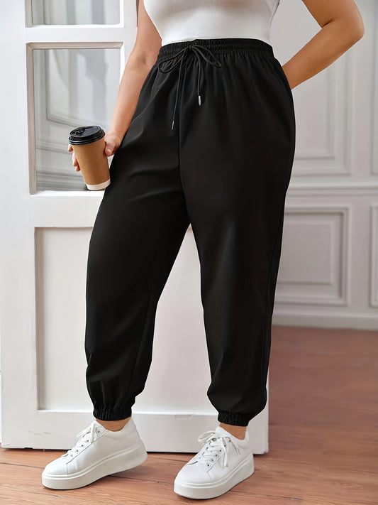 Sixsr Plus Size Casual Pants, Women's Plus Solid Elastic Drawstring Joggers With Pockets