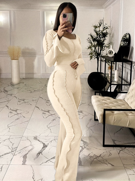 Sixsr Solid Rib Two-piece Set, Flared Sleeve Crew Neck Tops & High Waist Long Length Pants Outfits, Women's Clothing
