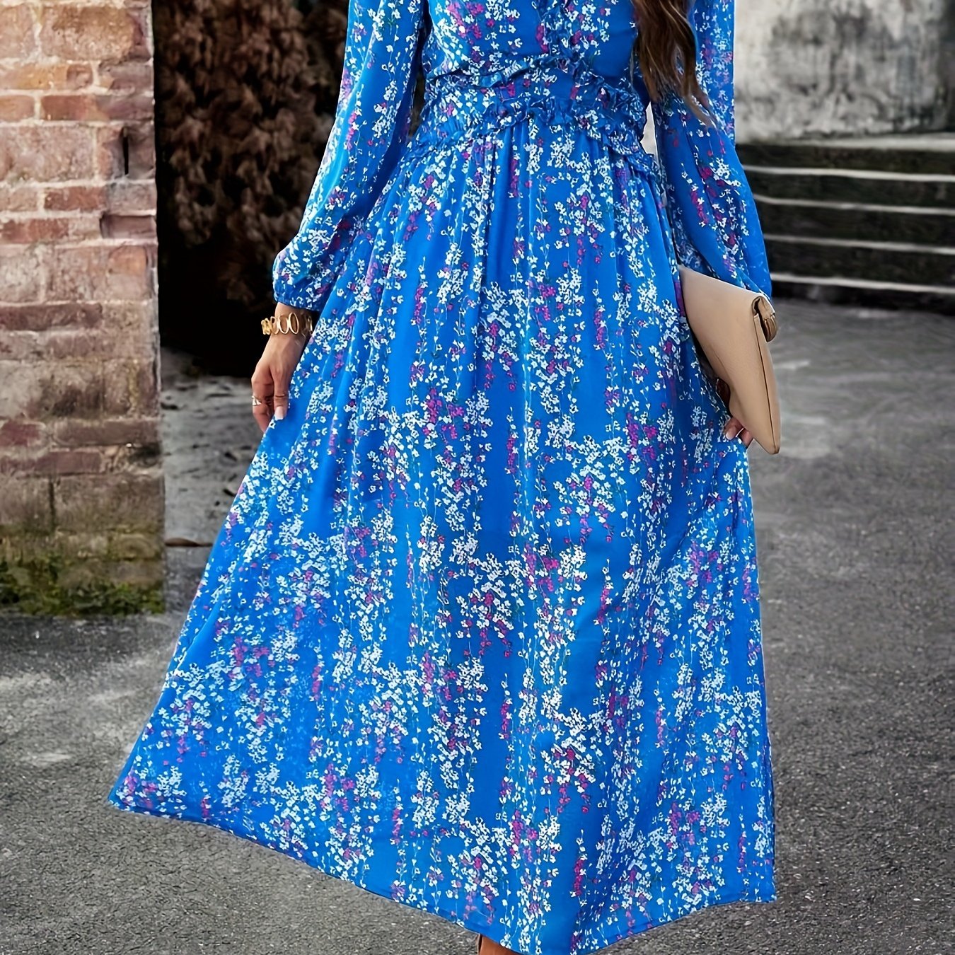 Sixsr Floral Print Maxi Dress, Casual V Neck Long Sleeve Dress, Women's Clothing