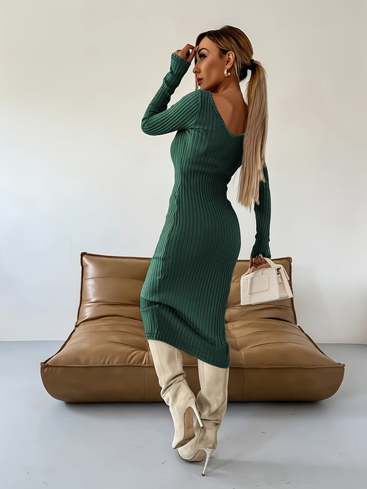 Sixsr Ribbed Solid Bodycon Dress, Elegant V Neck Long Sleeve Dress, Women's Clothing