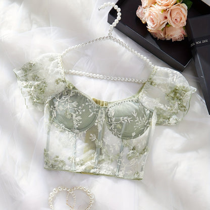 Sixsr Hot Floral Embroidery Bustier, Puff Sleeve Fishbone Bustier, Women's Sexy Lingerie & Underwear