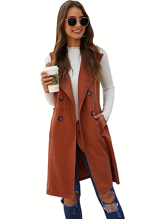 Sixsr Plus Size Casual Jacket, Women's Plus Double Breasted Sleeveless Long Vest Jacket With Pockets