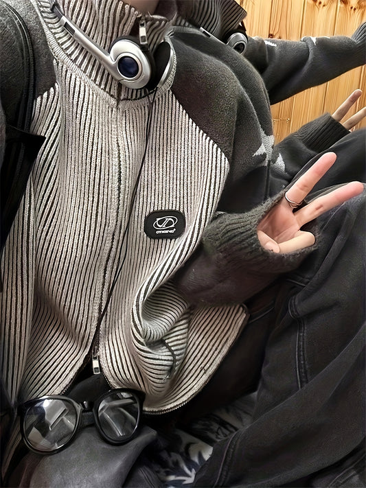 Sixsr Striped & Star Pattern Knit Cardigan, Vintage Zip Up Long Sleeve Preppy Sweater With Pocket, Women's Clothing