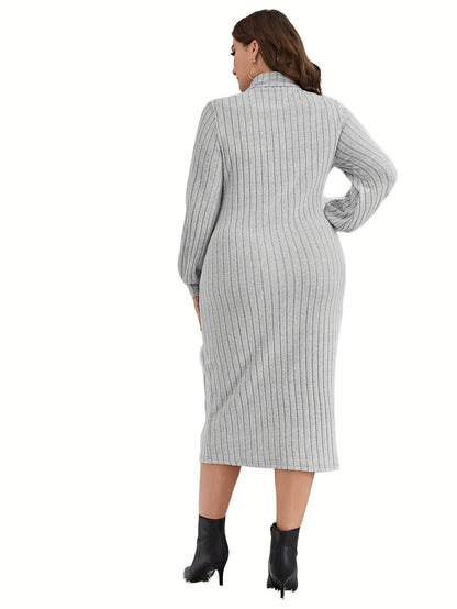 Sixsr Plus Size Casual Dress, Women's Plus Solid Ribbed Lantern Sleeve High Neck Bodycon Midi Dress