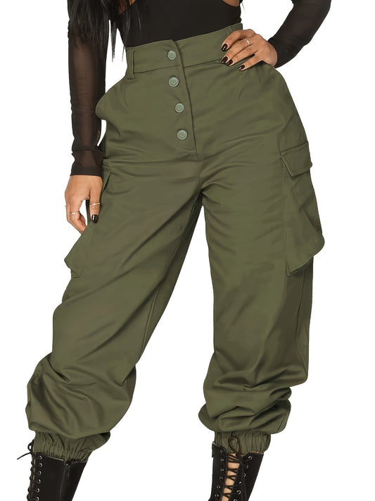 Sixsr Plus Size Casual Pants, Women's Plus Solid Button Up Elastic High Rise Slight Stretch Loose Cargo Trousers With Flap Pockets