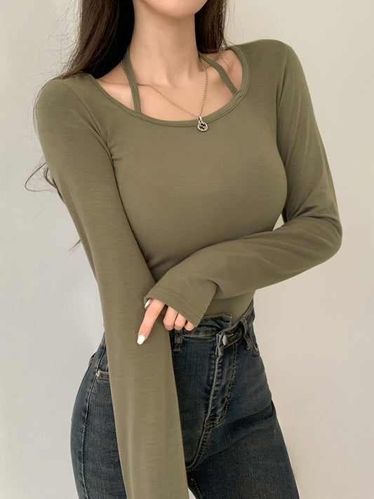 Sixsr Solid Tied Crew Neck T-Shirt, Casual Long Sleeve Top For Spring & Fall, Women's Clothing