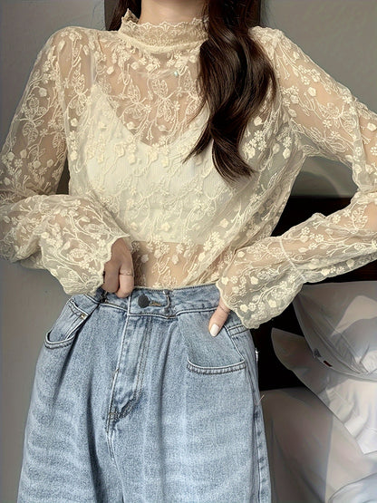 Sixsr Guipure Lace Overlay Flare Sleeve Blouse, Casual Mock Neck Long Sleeve Blouse, Women's Clothing