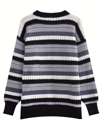 Sixsr Striped Crew Neck Pullover Sweater, Casual Long Sleeve Drop Shoulder Sweater, Women's Clothing
