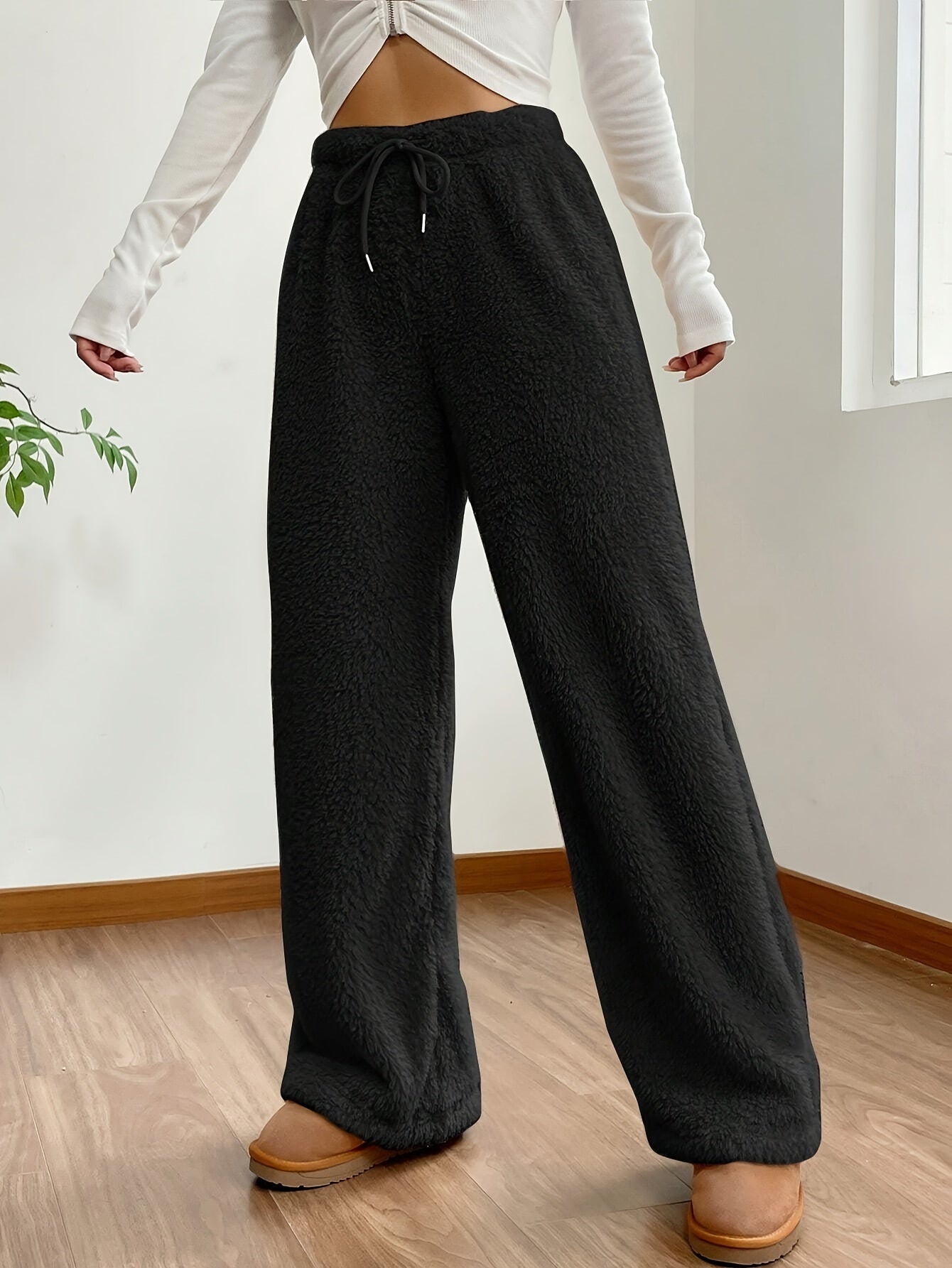 Sixsr Solid Color Teddy Bear Pants, Casual Drawstring Wide Leg Loose Pants, Women's Clothing
