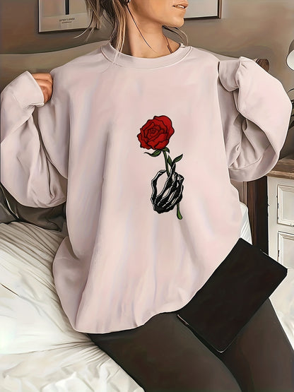 Sixsr Plus Size Halloween Casual Sweatshirt, Women's Plus Skull & Rose Print Long Sleeve Round Neck Sweatshirt