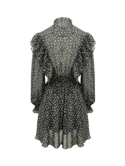 Sixsr Ditsy Floral Print Dress, Elegant Mock Neck Long Sleeve Ruffle Trim Dress, Women's Clothing
