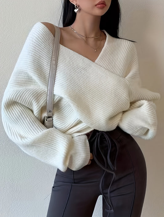 Sixsr Solid Cross Front Knit Sweater, Sexy V Neck Long Sleeve Loose Fashion Sweater, Women's Clothing