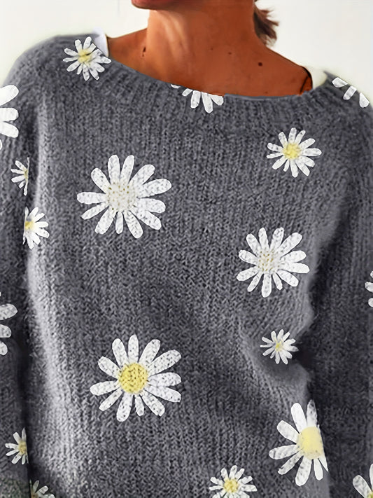 Sixsr Plus Size Casual Sweater, Women's Plus Floral Embroidery Long Sleeve Round Neck Slight Stretch Sweater