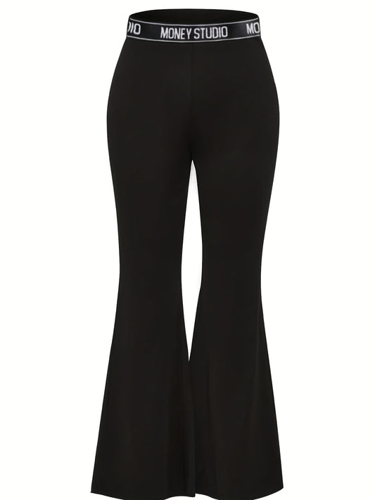 Sixsr Plus Size Casual Pants, Women's Plus Plain Letter Tape High Stretch Wide Leg Pants
