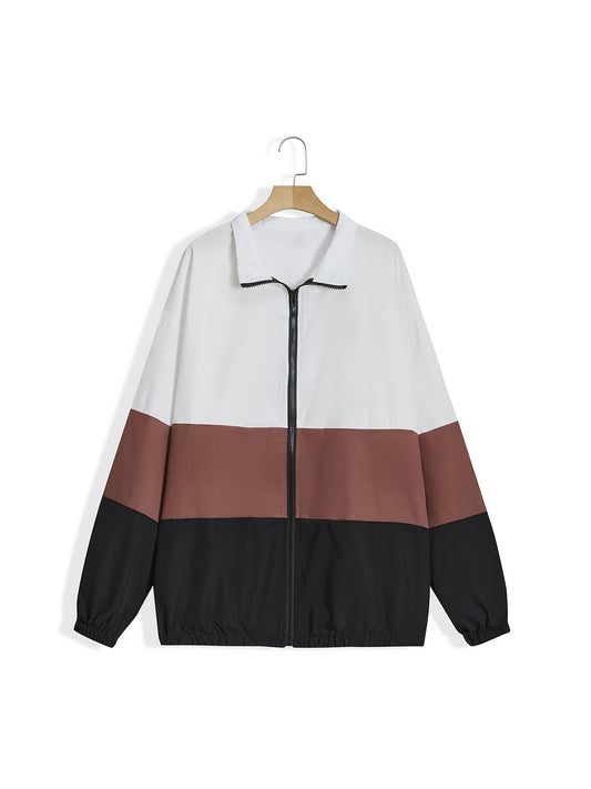 Sixsr Plus Size Colorblock Zipper Front Lapel Jacket, Women's Plus Casual Long Sleeve Fall Jacket