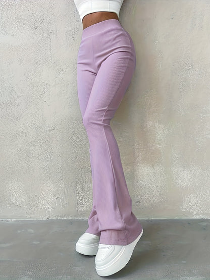 Sixsr Casual Rib Simple Slim Leggings Pants, Solid High Waisted Fashion Fall & Winter Long Pants, Women's Clothing