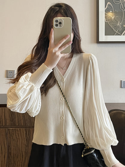 Sixsr Solid Button Down Knit Cardigan, Elegant Pleated Lantern Sleeve Top For Spring & Fall, Women's Clothing