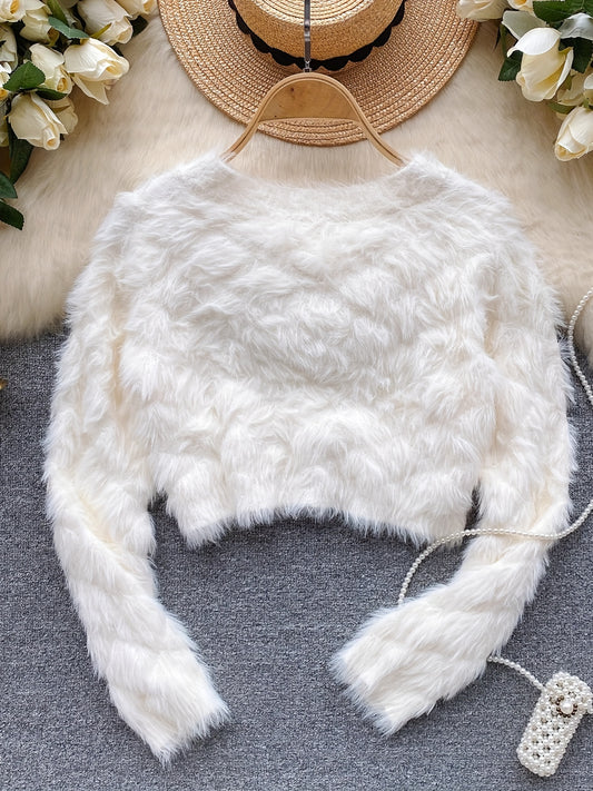 Sixsr Faux Fur Button Down Knit Cardigan, Elegant Long Sleeve Cozy Stylish Sweater, Women's Clothing