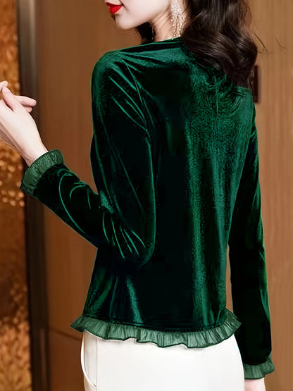 Sixsr Velvet Lace Contrast Trim Top, Button Front V Neck Long Sleeve T-shirt, Women's Clothing