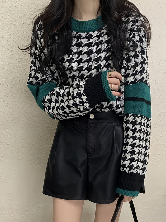 Sixsr Houndstooth Crew Neck Pullover Sweater, Casual Long Sleeve Fall Winter Sweater, Women's Clothing