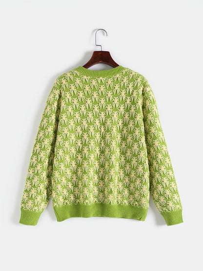 Sixsr Plus Size Jacquard Long Sleeve Knitwear, Women's Plus Casual Round Neck Slight Stretch Pullover Sweater