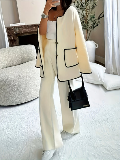 Sixsr Casual Two-piece Set, Contrast Trim Button Front Pocket Cardigan & Straight Leg Pants Outfits, Women's Clothing