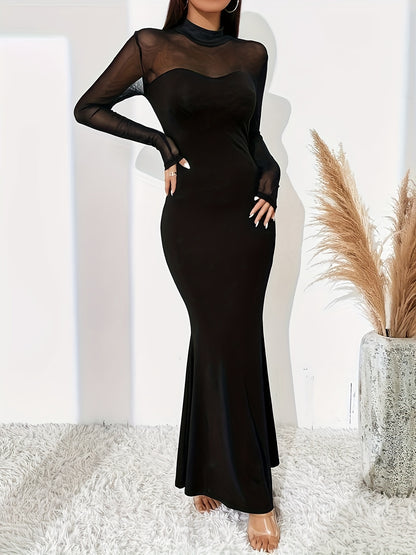 Sixsr Mesh Stitching Mock Neck Dress, Casual Slim Long Sleeve Maxi Dress, Women's Clothing
