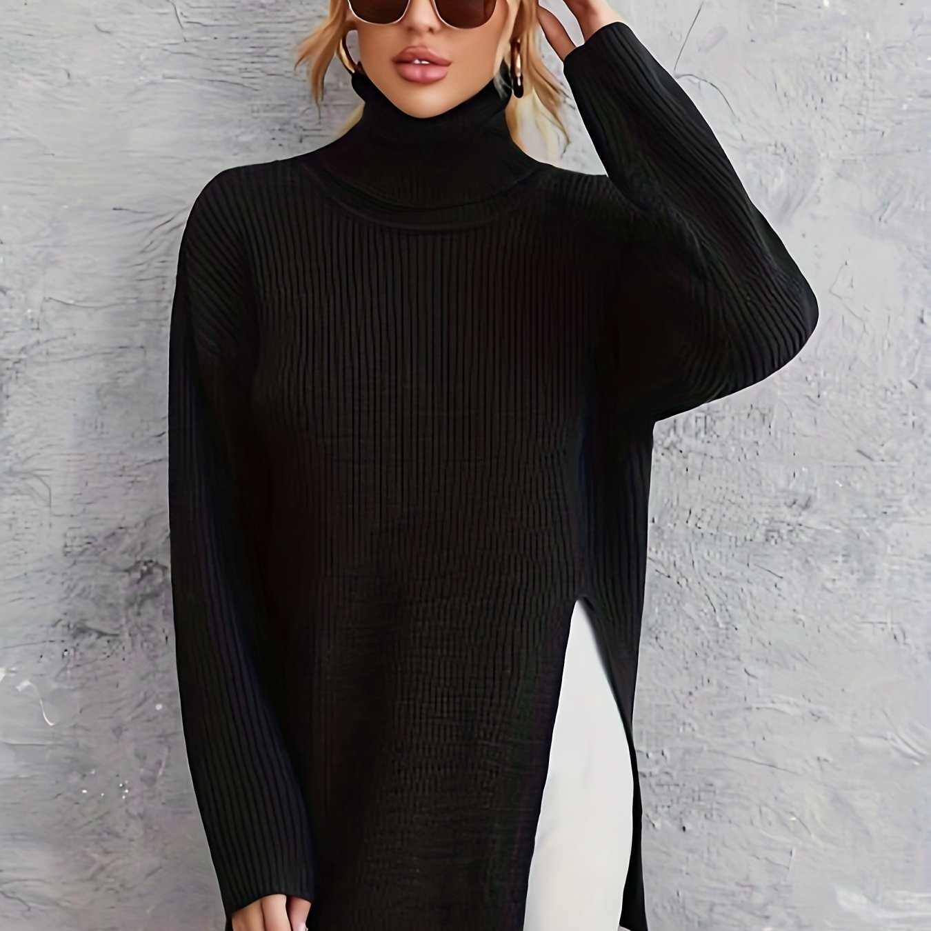 Sixsr Solid Turtle Neck Pullover Sweater, Casual Long Sleeve Split Knit Sweater, Women's Clothing