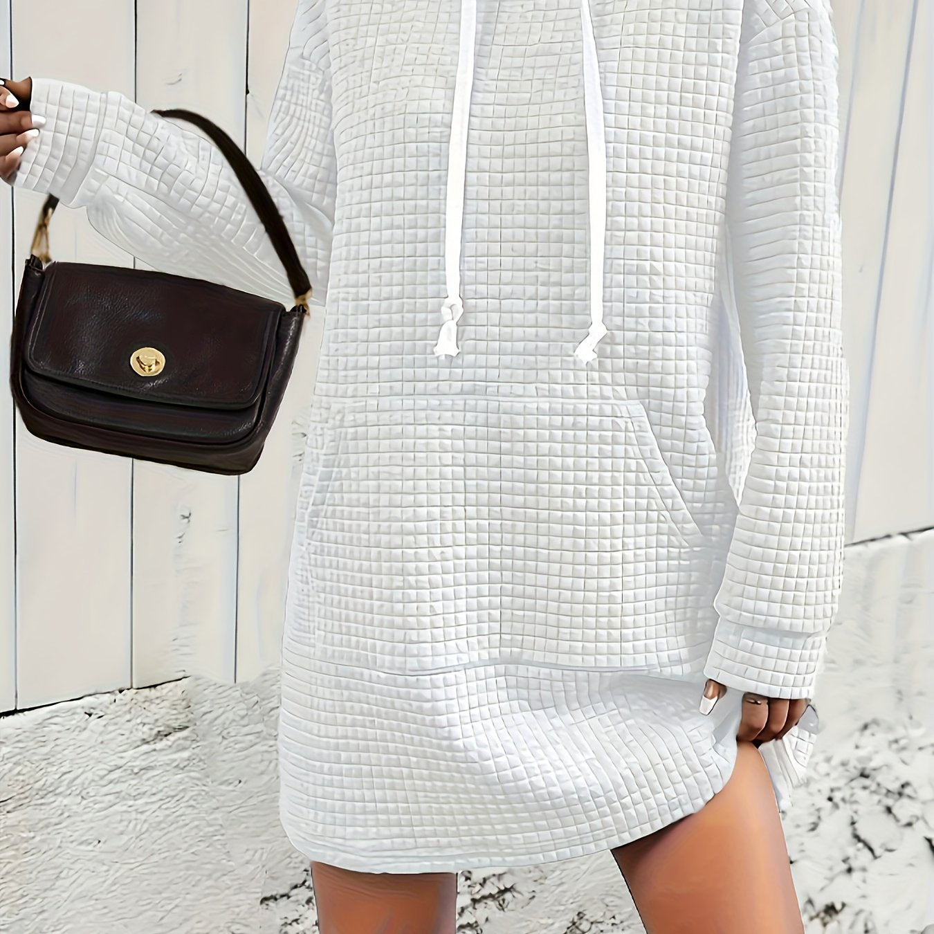Sixsr Textured Drawstring Dress, Casual Hooded Long Sleeve Kangaroo Pocket Dress, Women's Clothing