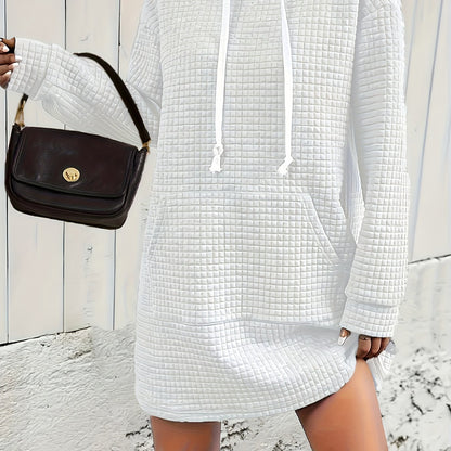 Sixsr Textured Drawstring Dress, Casual Hooded Long Sleeve Kangaroo Pocket Dress, Women's Clothing