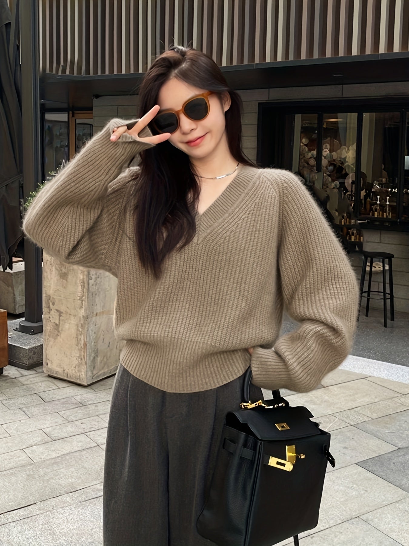 Sixsr Solid Knit Pullover Sweater, Casual V Neck Long Sleeve Sweater, Women's Clothing