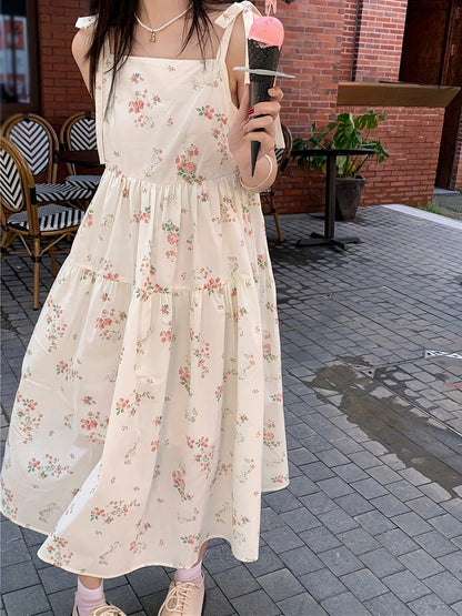 Sixsr Floral Print Knot Strap Dress, Sleeveless Straight Neck Loose Babydoll Dress, Women's Clothing