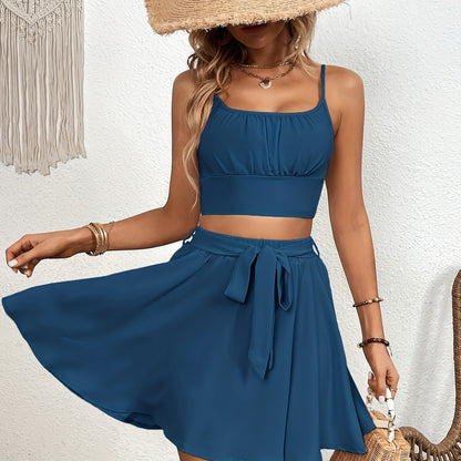 Casual Solid Two-piece Skirt Set, Crop Cami Top & Tie Front Skirt Outfits, Women's Clothing