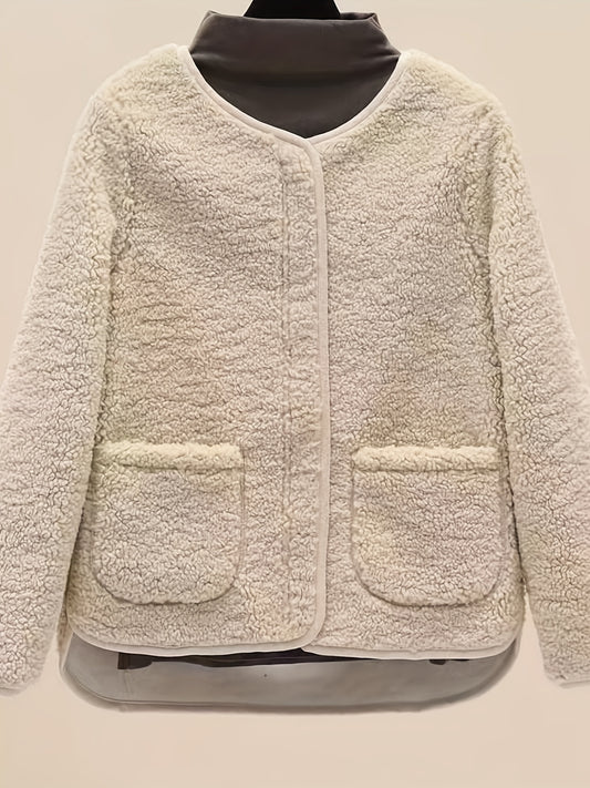 Sixsr Solid Pocket Front Teddy Coat, Casual Crew Neck Long Sleeve Outerwear, Women's Clothing