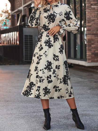 Floral Print Tie Front Dress, Elegant Cinched Waist Long Sleeve Dress, Women's Clothing