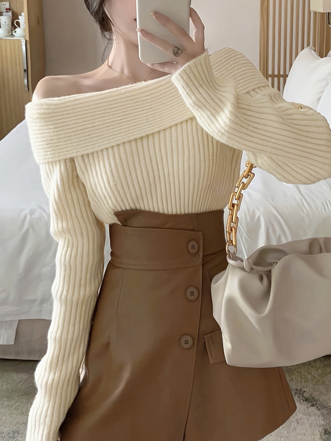 Sixsr Solid Off Shoulder Knit Sweater, Casual Long Sleeve Pullover Sweater, Women's Clothing