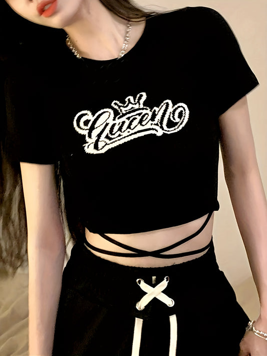 Sixsr Letter Print Crew Neck Crop Tee, Y2K Short Sleeve Tied Top For Spring & Summer, Women's Clothing