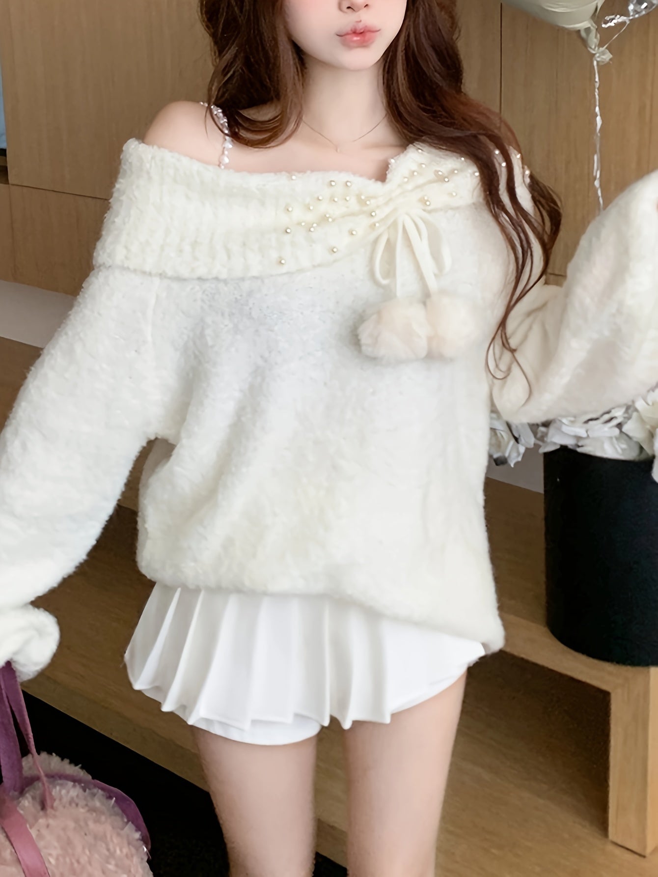 Sixsr Asymmetric Shoulder Chain Strap Sweater, Chic Long Sleeve Beaded Sweater For Fall & Winter, Women's Clothing