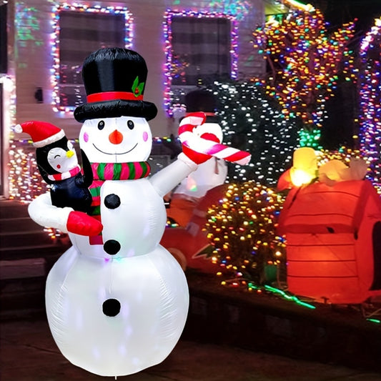 1pc 7ft Inflatable Snowman with Penguin and Candy Cane, Rotating LED Lights, Outdoor Yard Garden Decor, Christmas Holiday Decoration, 110V-130V Power Supply, US Plug, Polyester Fiber