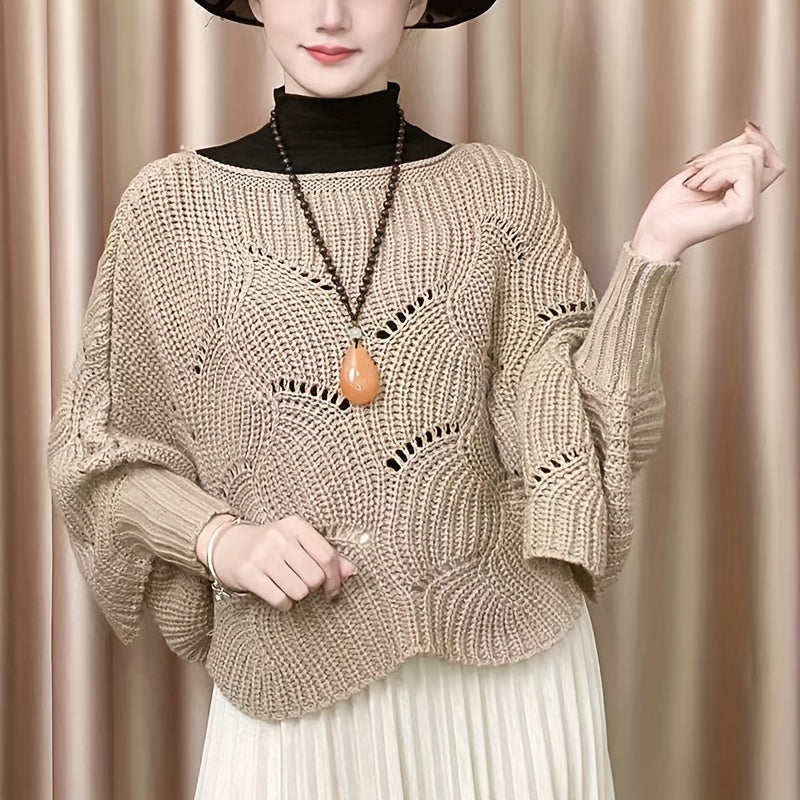 Sixsr Knitted Hollow Out Pullover Poncho Solid Color Batwing Loose Shawl Women's Stylish Round Neck Outerwear Smock