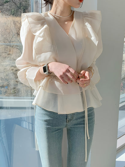Sixsr Ruffle Trim V Neck Tiered Blouse, Chic Lantern Sleeve Tied Blouse For Spring & Fall, Women's Clothing