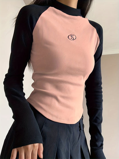 Sixsr Graphic Pattern Colorblock Mock Neck T-Shirt, Casual Long Sleeve Top For Spring & Fall, Women's Clothing